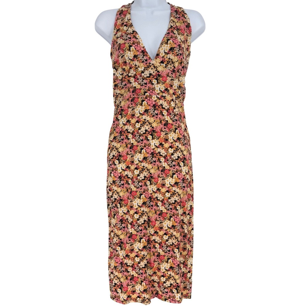 Floral Halter Maxi Dress Neck Tie Black Pink Yellow Boho Vacation M